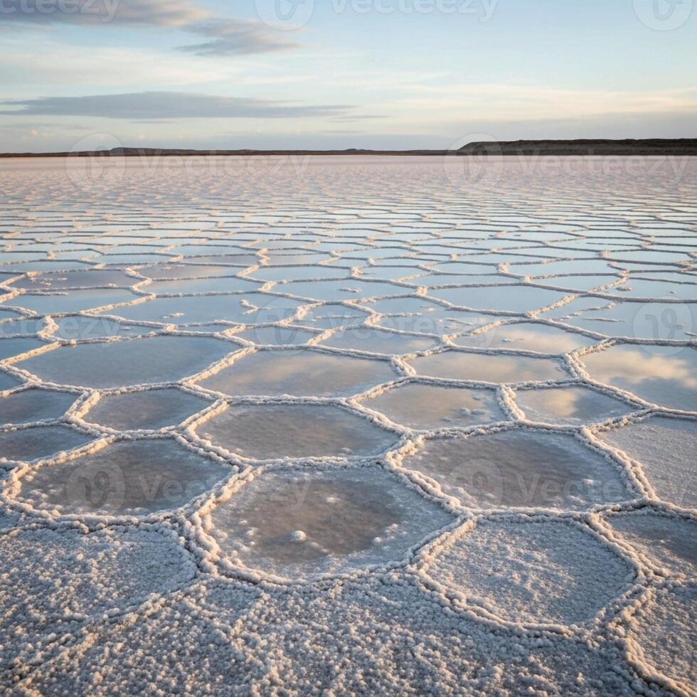 Expansive hexagonal salt flats under a softly lit sky at dusk creating a natural geometric pattern photo