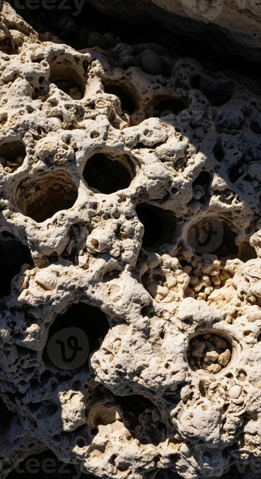 Close up of a porous textured rock surface with numerous circular holes and shadows creating a natural abstract pattern photo