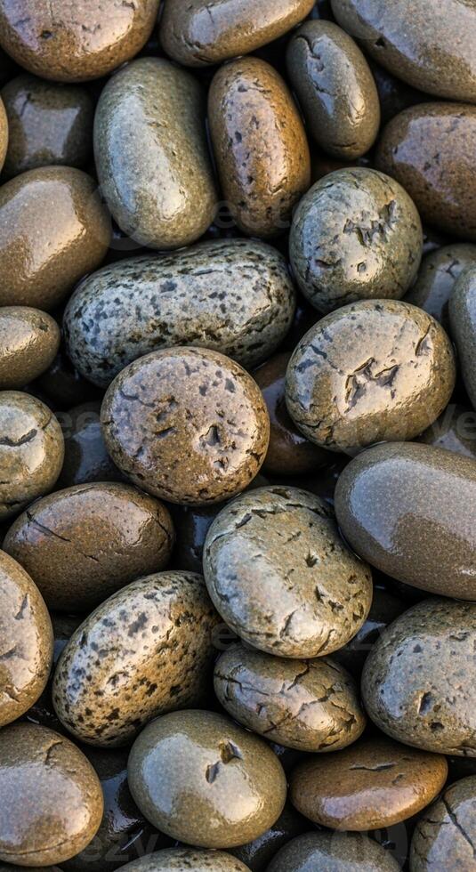Close up view of smooth rounded and polished river stones with varied earthy tones and speckled patterns creating a textured background photo
