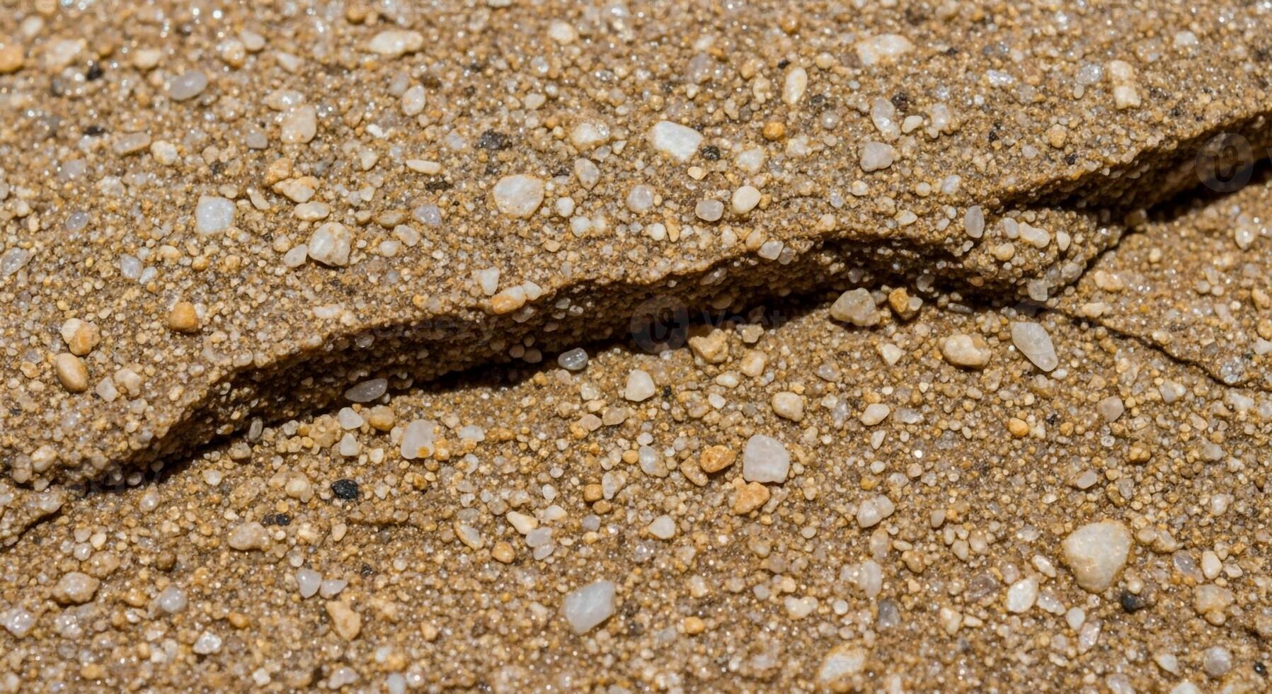 A close up view of a dark jagged crack running diagonally across a rough textured concrete surface with small pebbles embedded within photo