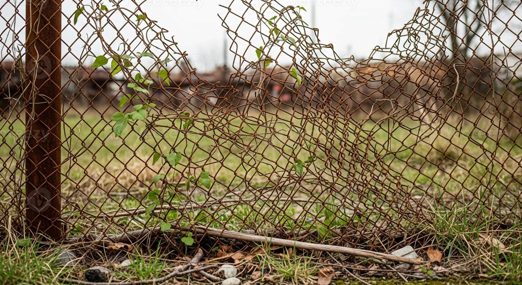 A rusty fence with weeds and grass in front of it photo