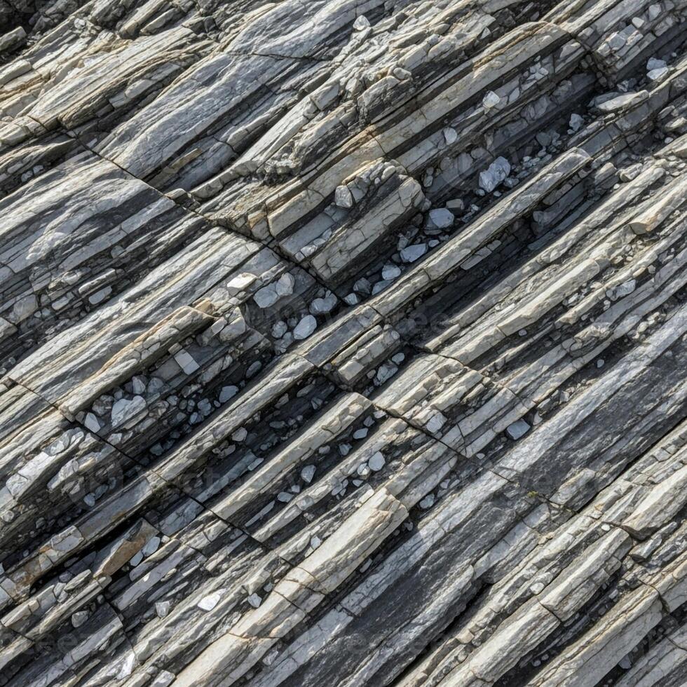 Close up abstract view of weathered layered rock formations with diagonal striations and varied textures in natural light photo