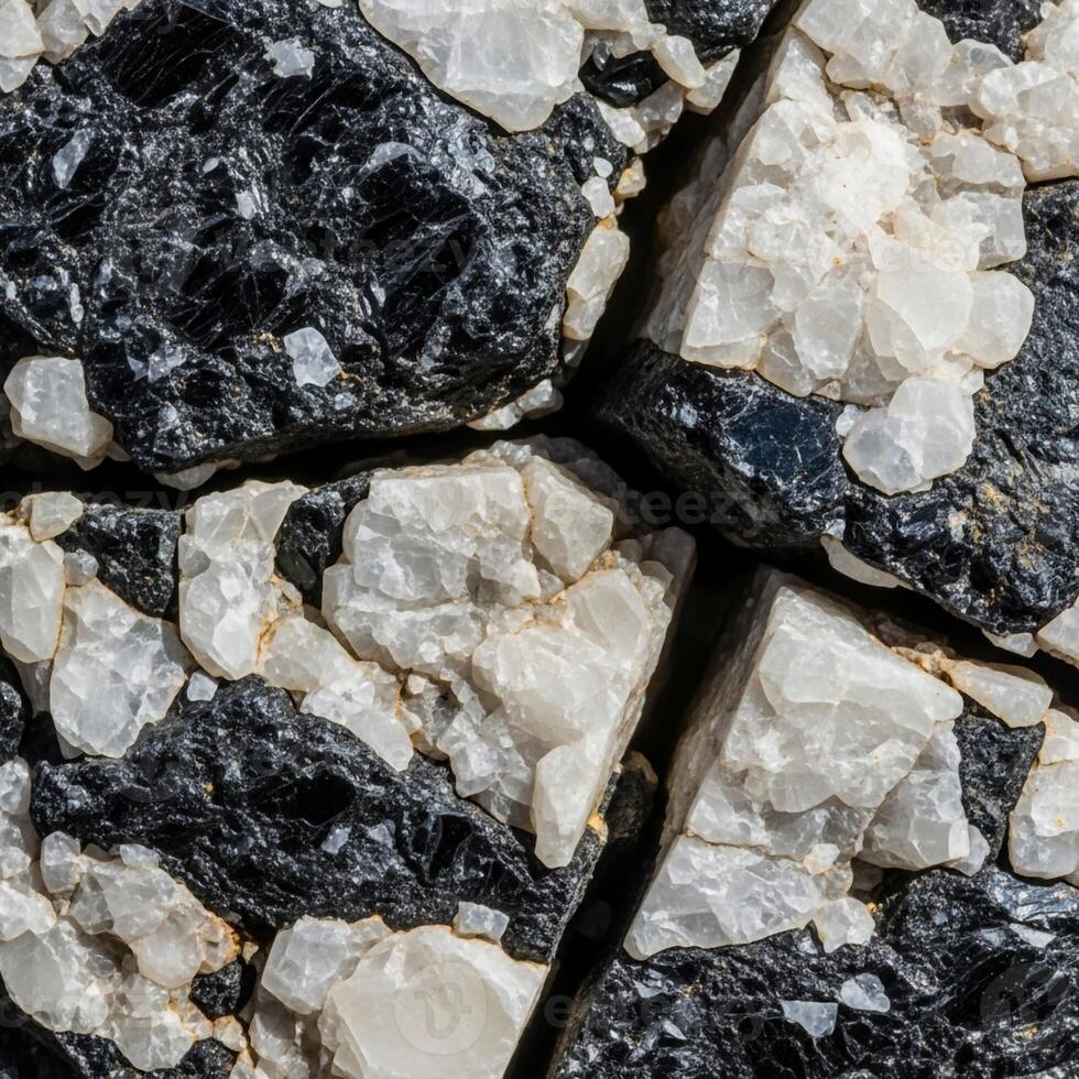 Close up view of a dark igneous rock with large light colored crystals embedded within its rough surface texture photo