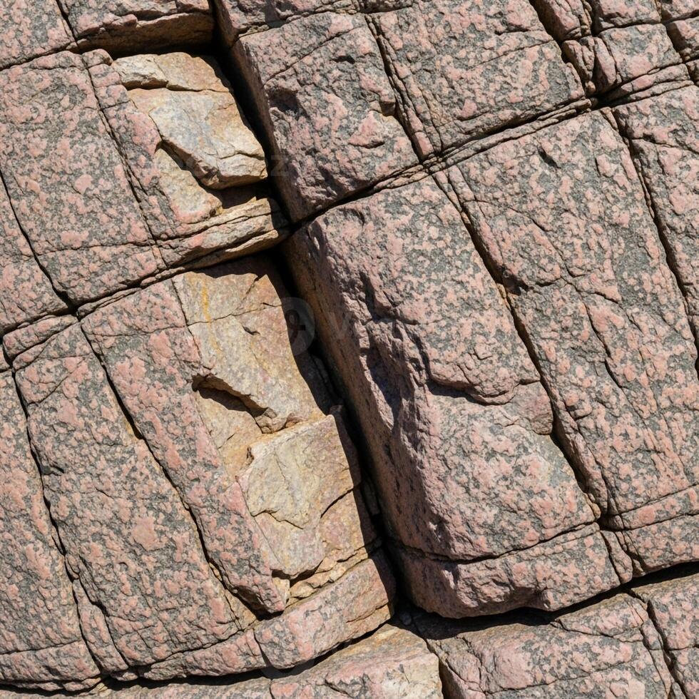 Close up view of weathered granite rock face showing intricate fracture patterns and varied mineral textures under natural light photo