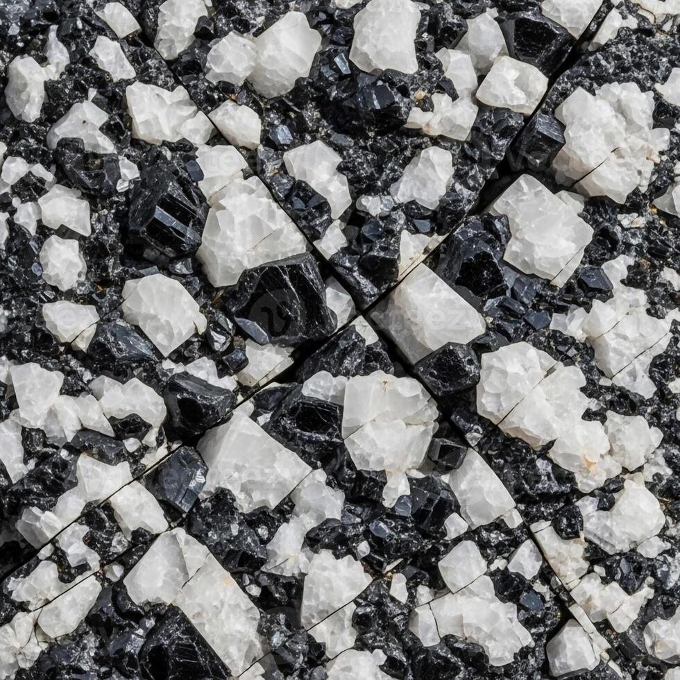 Close up abstract view of a textured surface with irregular white and dark gray fragmented pieces creating a unique pattern photo