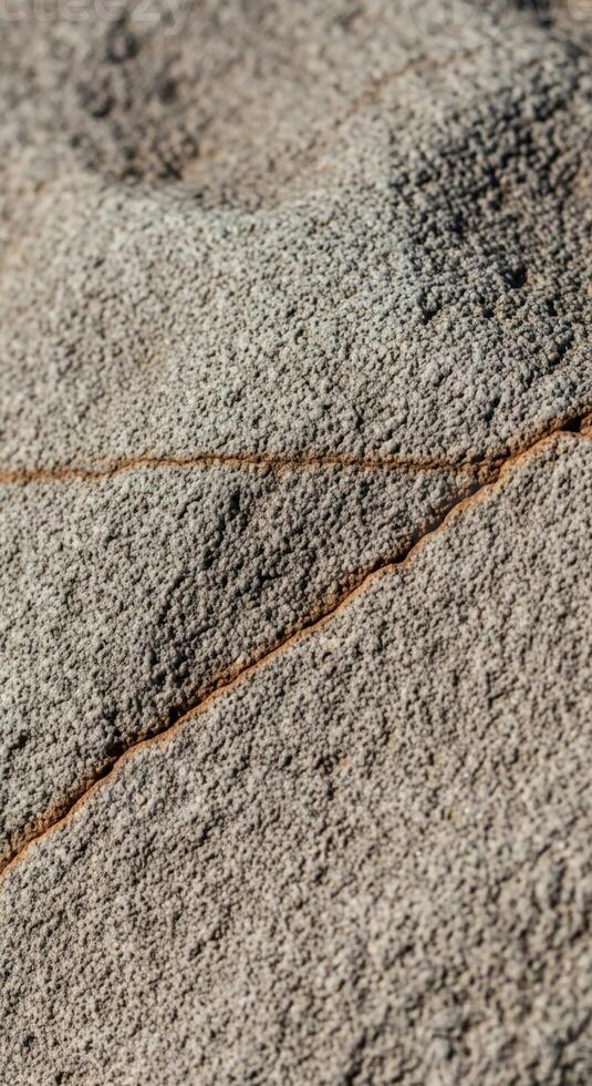 Close up view of a textured weathered rock surface with a distinct reddish brown crack running diagonally across the frame photo