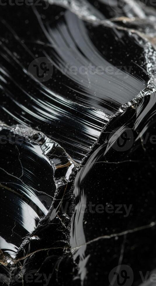 Close up abstract macro view of a fractured black obsidian rock with sharp edges and reflective surfaces photo