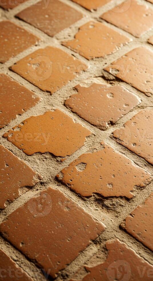 Close up view of a weathered terracotta tiled floor with a diamond pattern and visible grout lines photo