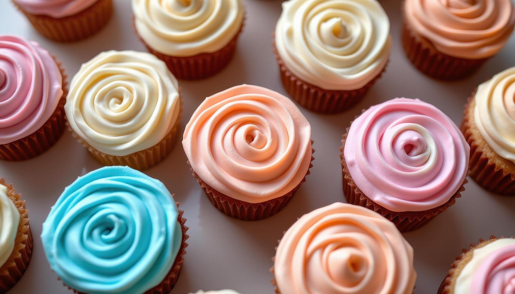 A minimal dessert scene with pastel cupcakes and thick buttercream piped in elegant circular patterns. photo