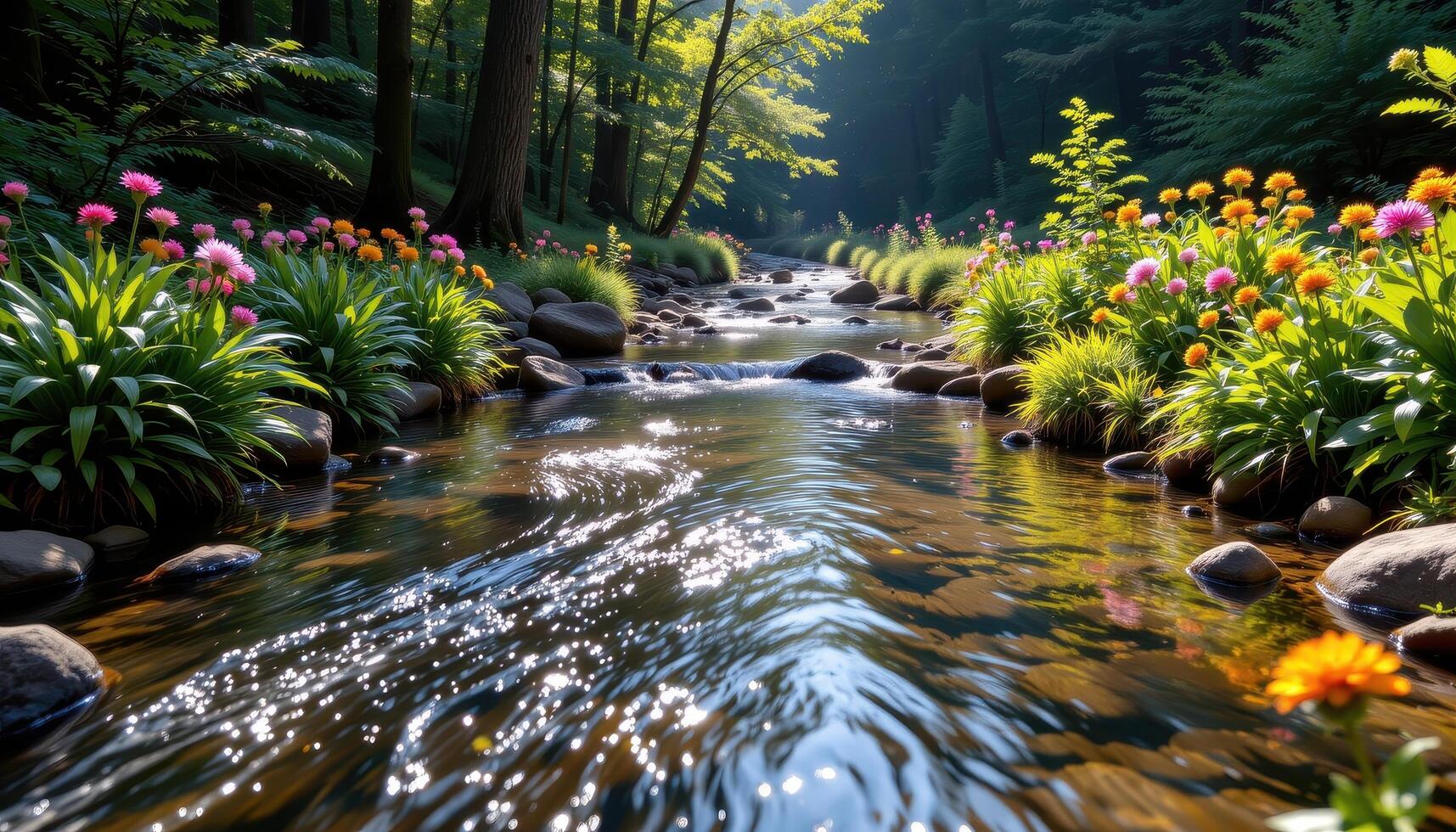 A crystal clear stream flows quietly through a lush forest, its edges lined with ferns and colorful flowers under soft sunlight. photo