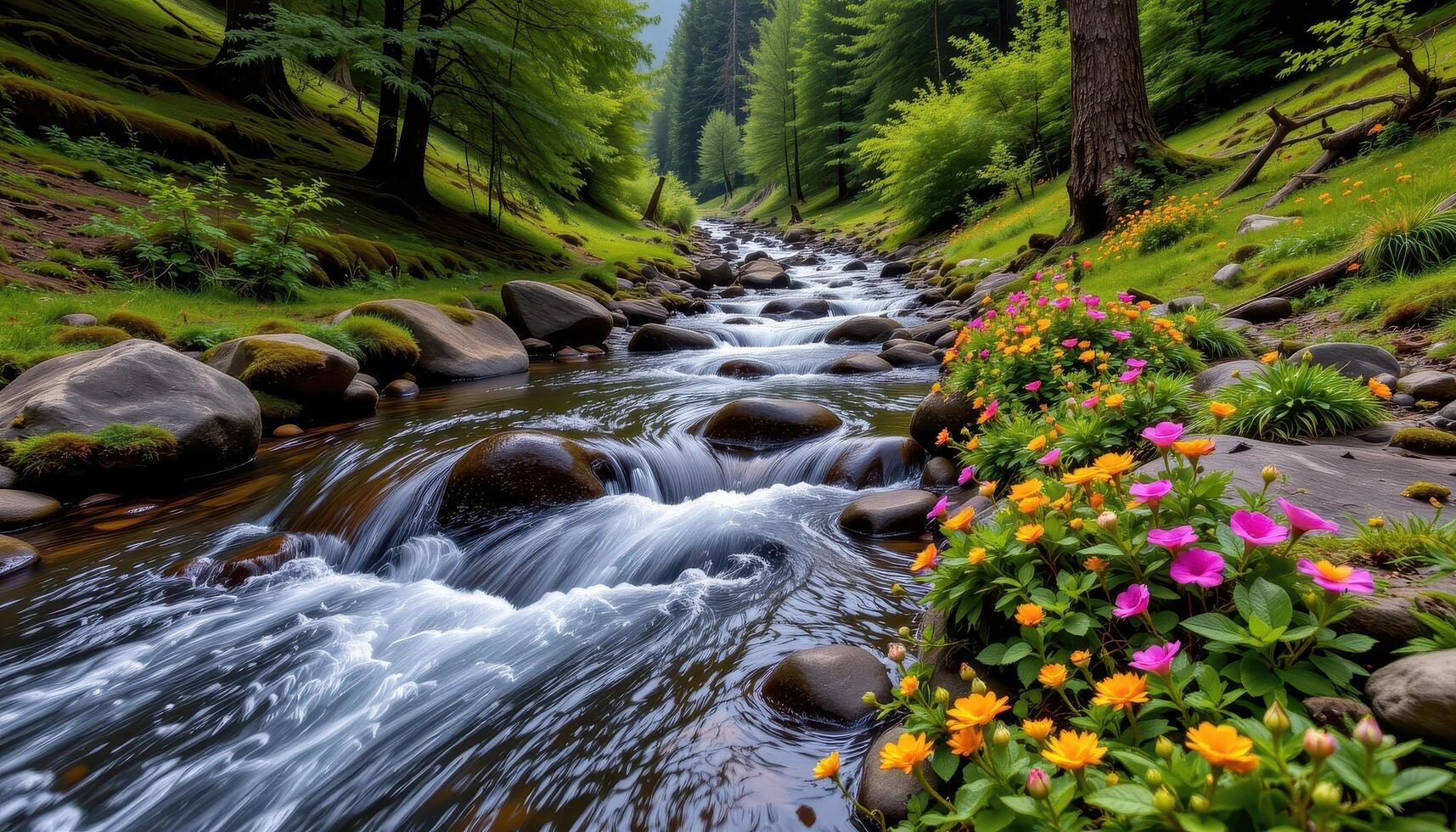 A crystal clear stream flows through a dense forest, with moss covered rocks and clusters of vibrant flowers along the banks. photo