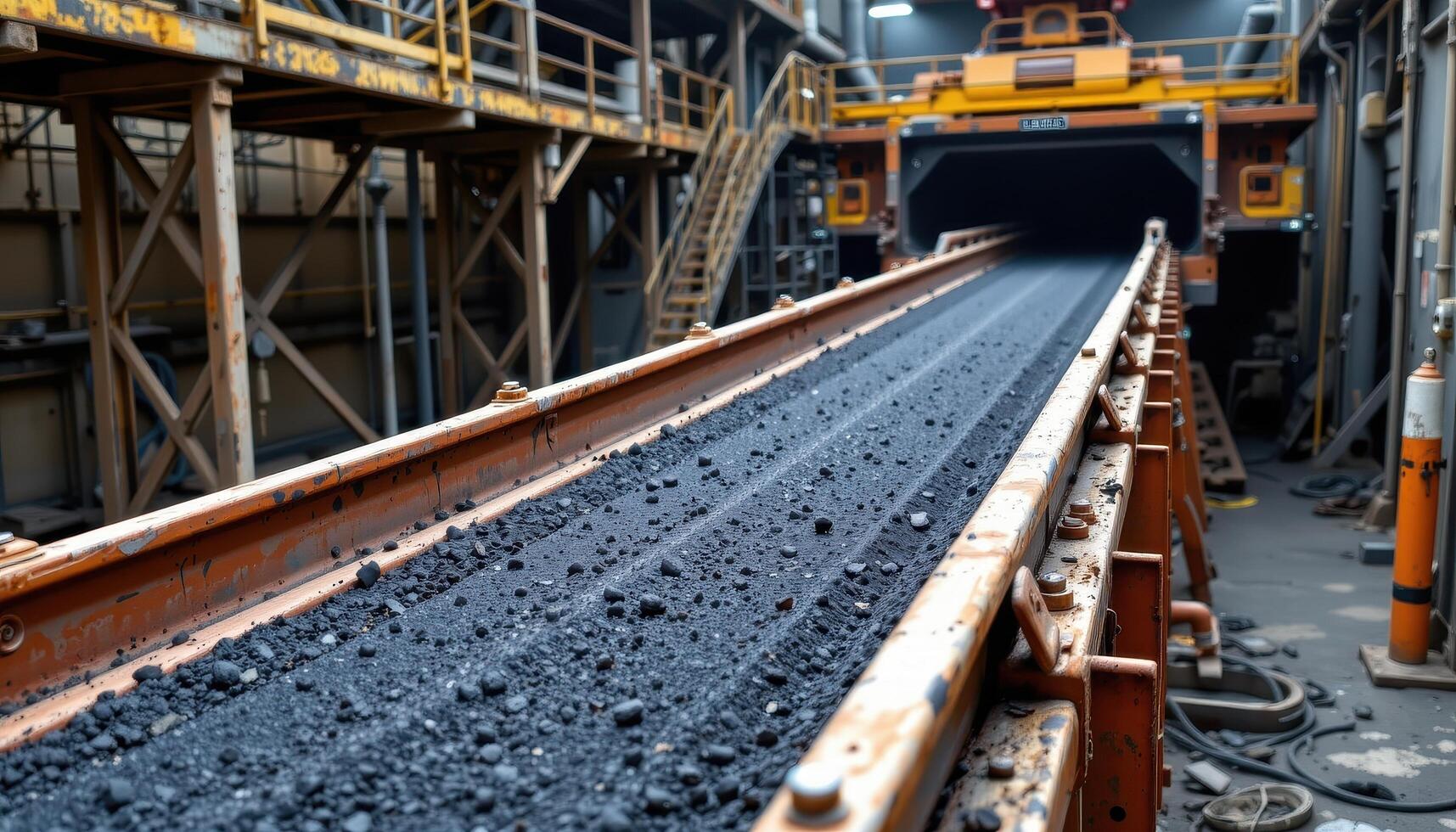 A reinforced coal conveyor belt runs steadily through a mining plant, with metal frameworks and catwalks creating an industrial environment. photo
