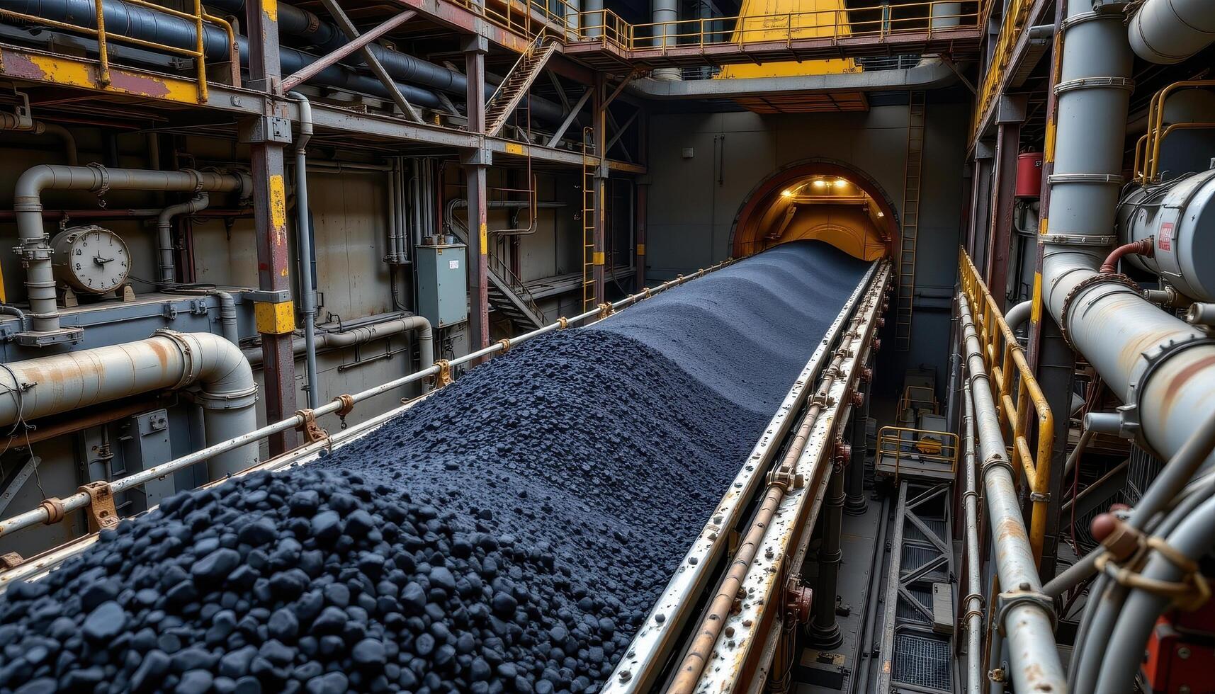 A long conveyor belt loaded with coal moves through a mining plant, with pipes, catwalks, and scaffolding surrounding the moving load. photo