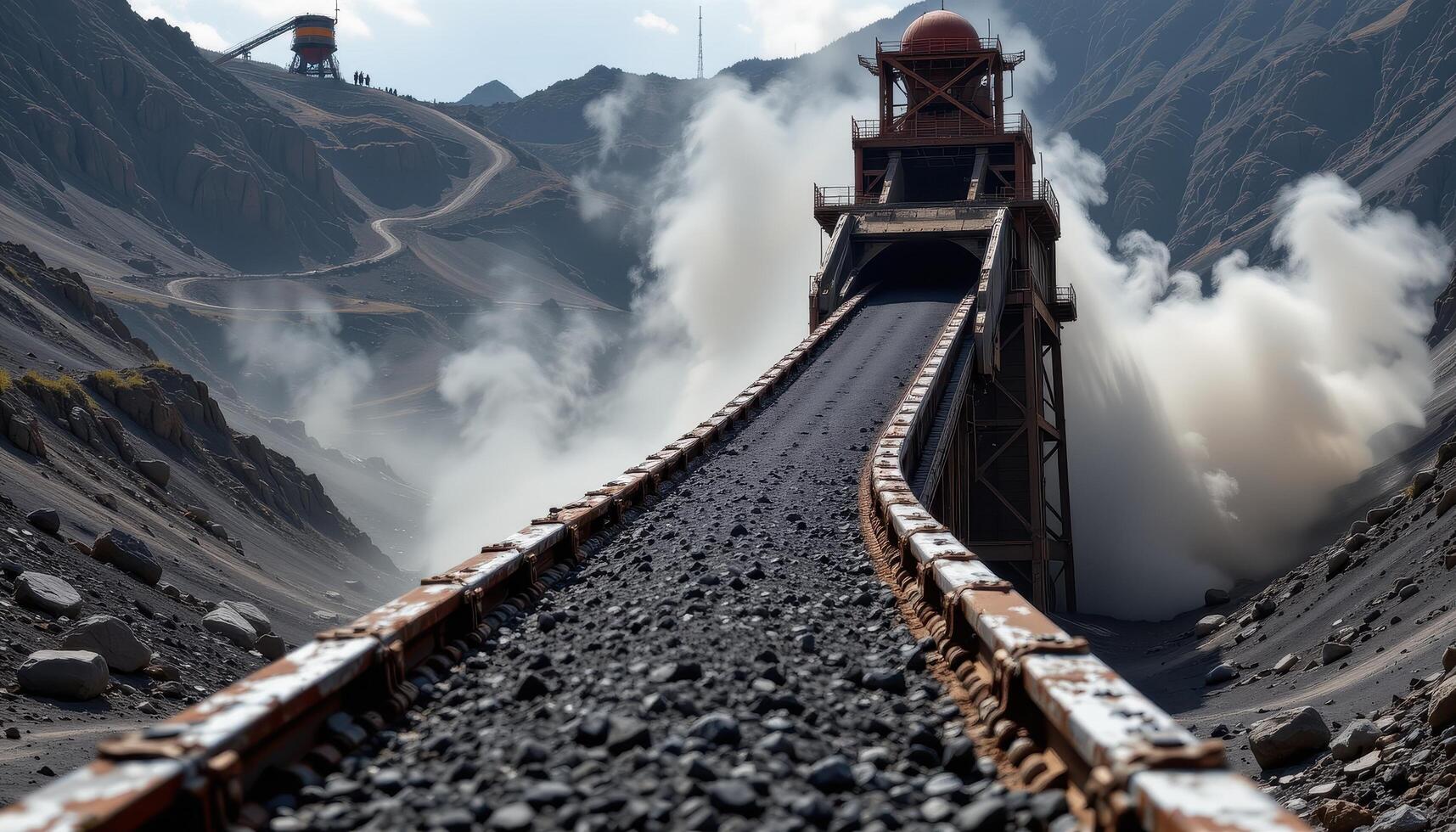 A continuous coal conveyor belt moves steadily through a mining plant, with dust clouds rising and metal frameworks forming a rugged scene. photo
