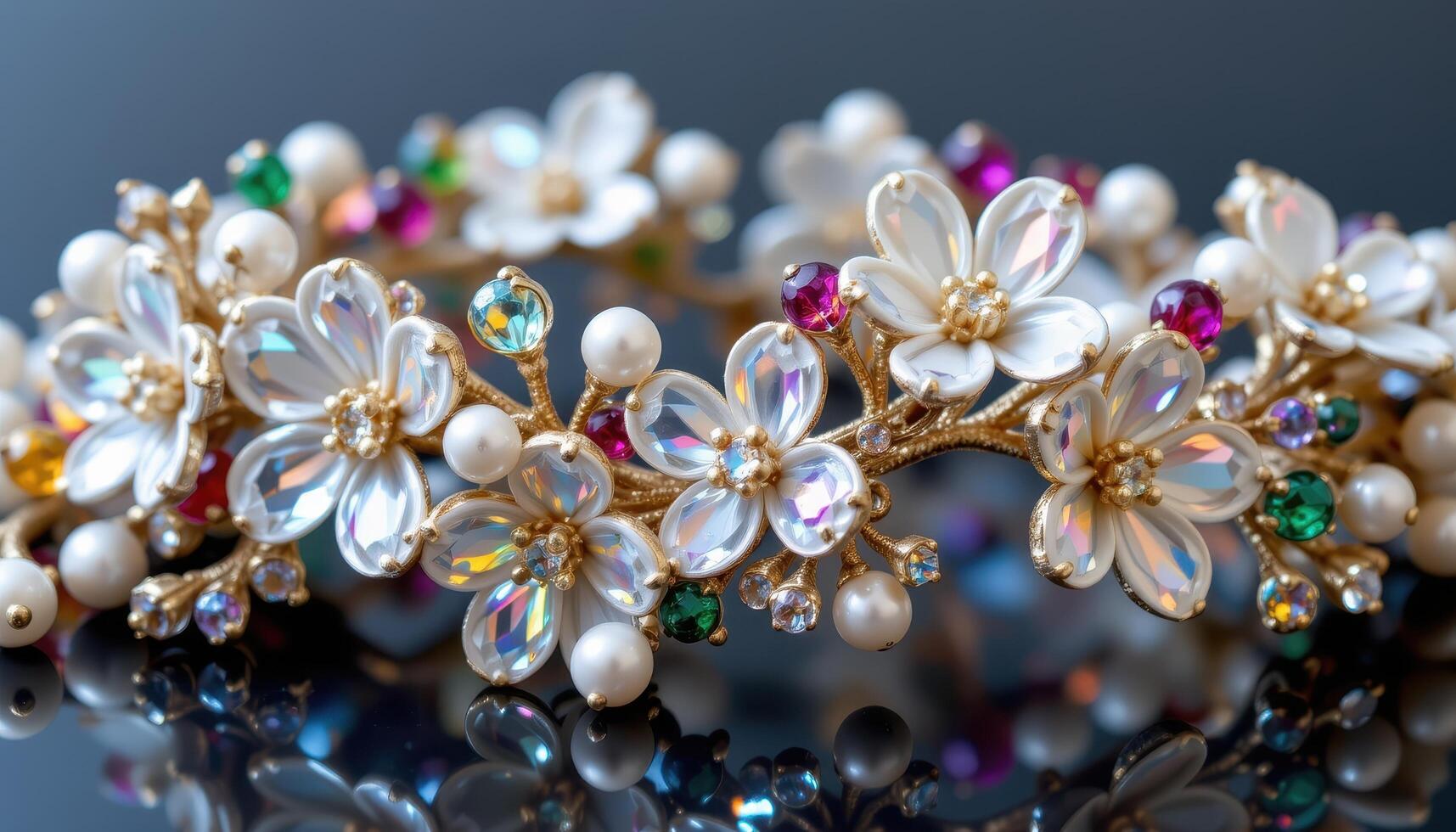 An intricate bracelet featuring delicate crystal flowers, luminous pearls, and multicolored gemstones arranged in a flowing pattern. photo