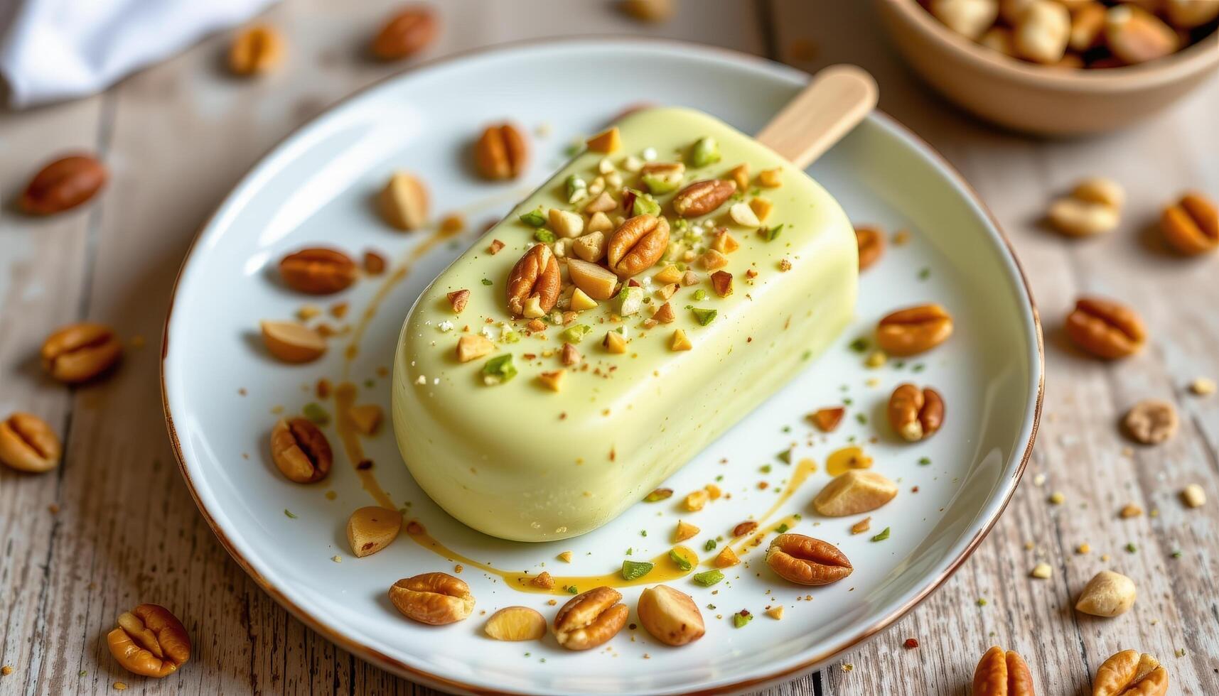 Pistachio kulfi with nuts arranged in circular pattern around it. photo