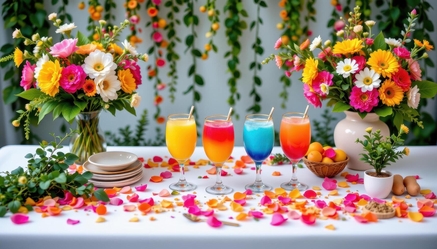 A cheerful party setup featuring rainbow cocktails, lush floral bouquets, trailing greenery, and petals arranged in intricate patterns across the table. photo