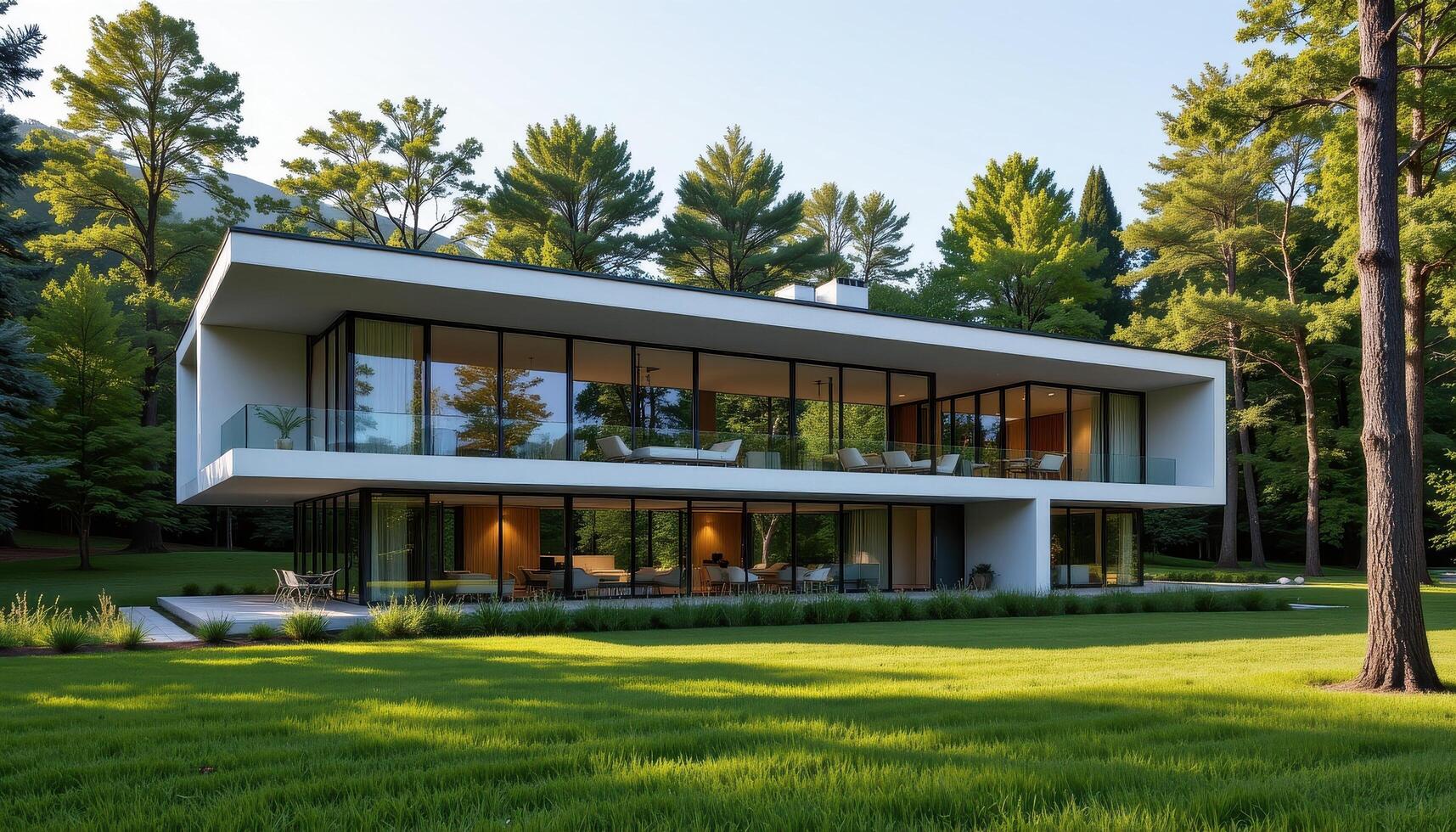 A sleek modern architecture house with expansive floor to ceiling windows, surrounded by lush green grass and tall trees under soft daylight. photo