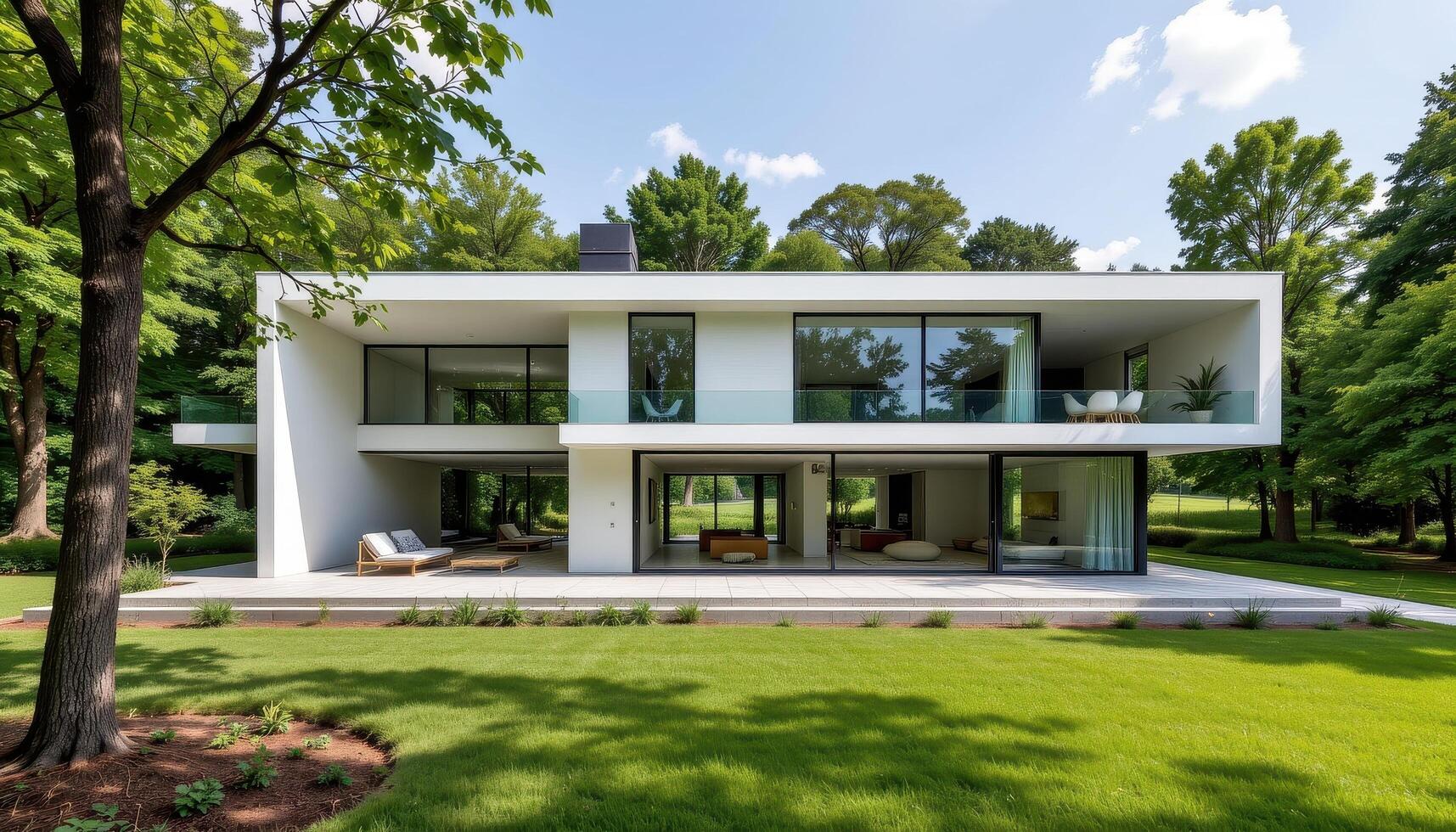 A bright open concept modern house with massive glass windows facing trees and green fields. photo