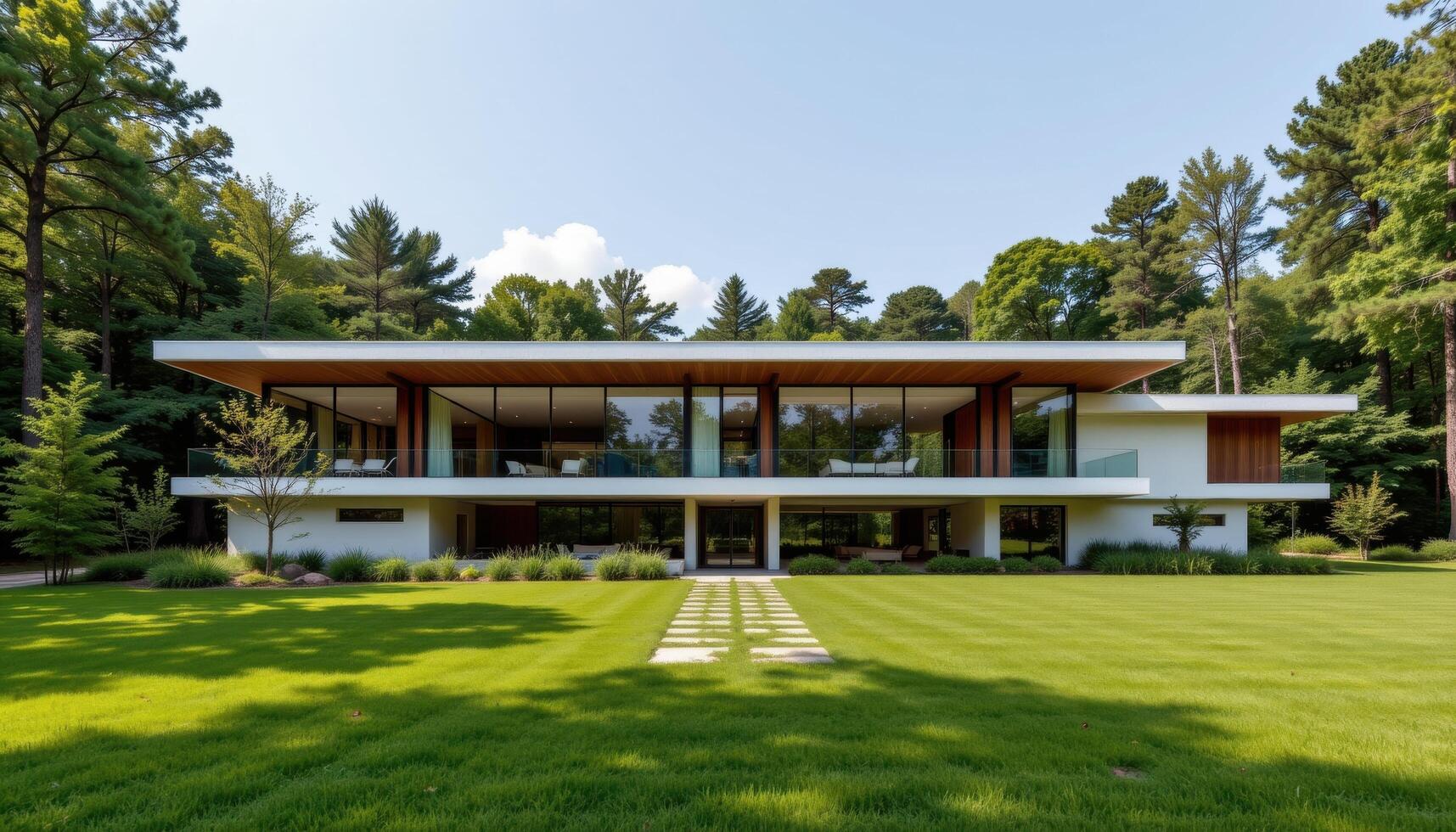 A linear modern architectural house with open concept windows surrounded by trimmed lawns and forest trees. photo