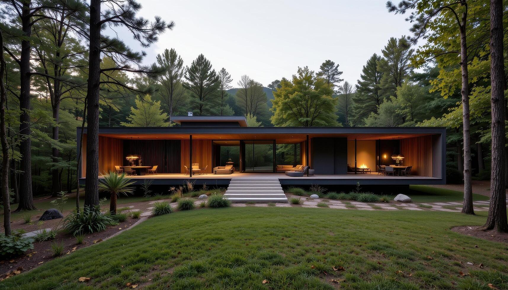 A linear modern structure built with sleek lines and surrounded by dense forest trees. photo