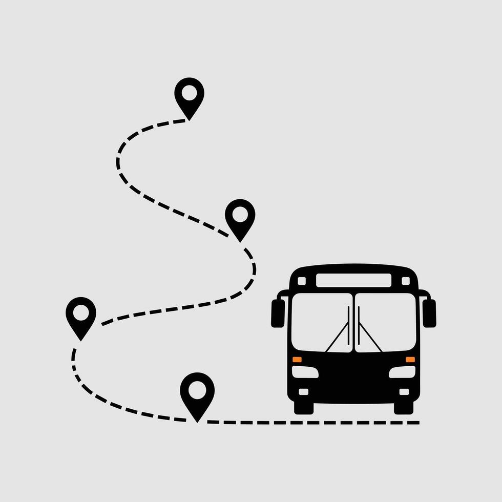 Black bus icon with dashed route and location pins on a light gray background transportation travel vector