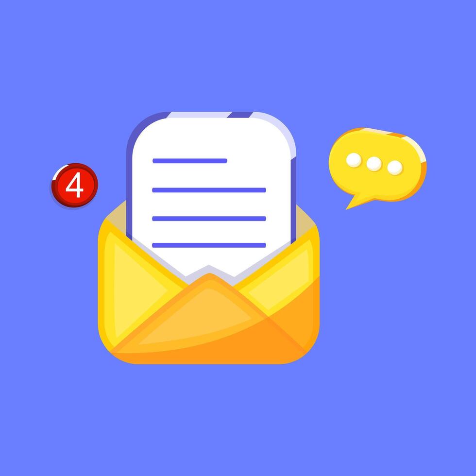 Flat illustration of an envelope with unread message notifications on a blue background perfect for email, chat, and digital communication design. vector