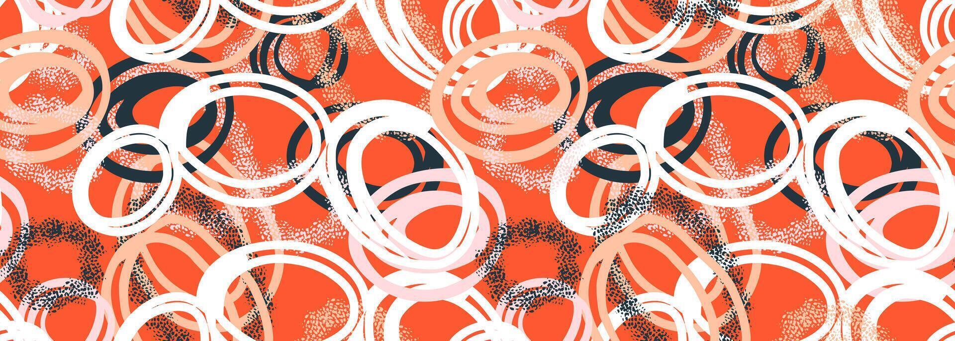Seamless abstract pattern with dynamic hand drawn circles and textured brush strokes in white, black, and beige on a vibrant orange background. Modern, artistic, and expressive design vector
