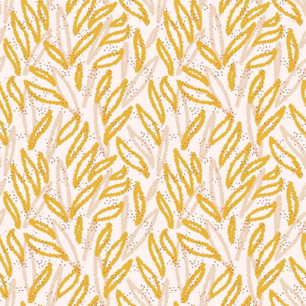 Seamless abstract pattern with hand drawn organic leaves in mustard and beige on a soft cream background. Modern botanical texture for fabric, wrapping, and decor vector