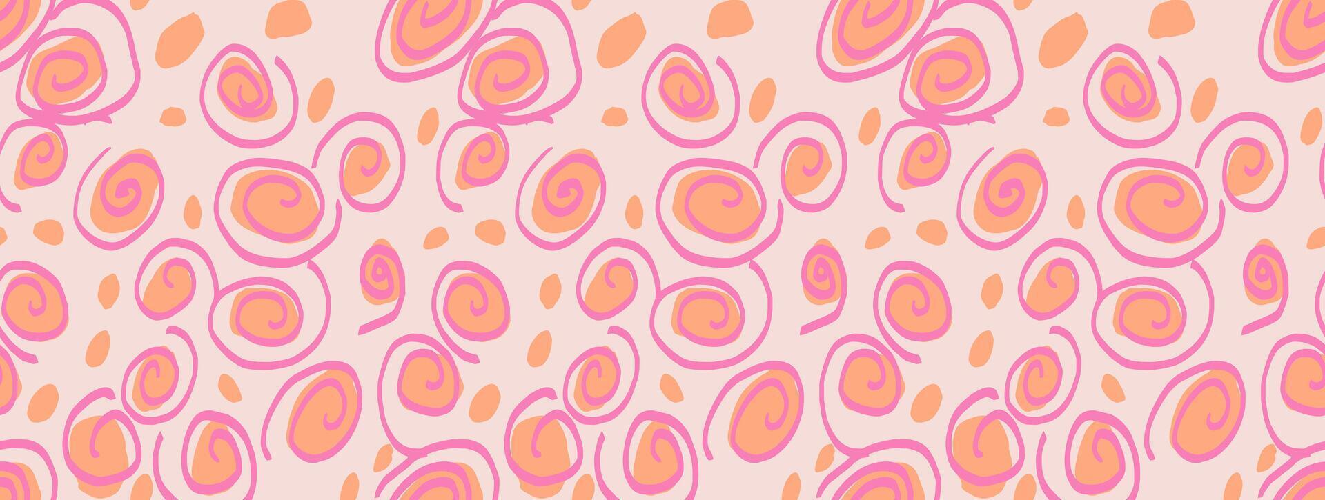 Seamless abstract pattern with playful pink and orange spirals and dots on a light background. Modern doodle design for fabric, wrapping, stationery, and decor vector