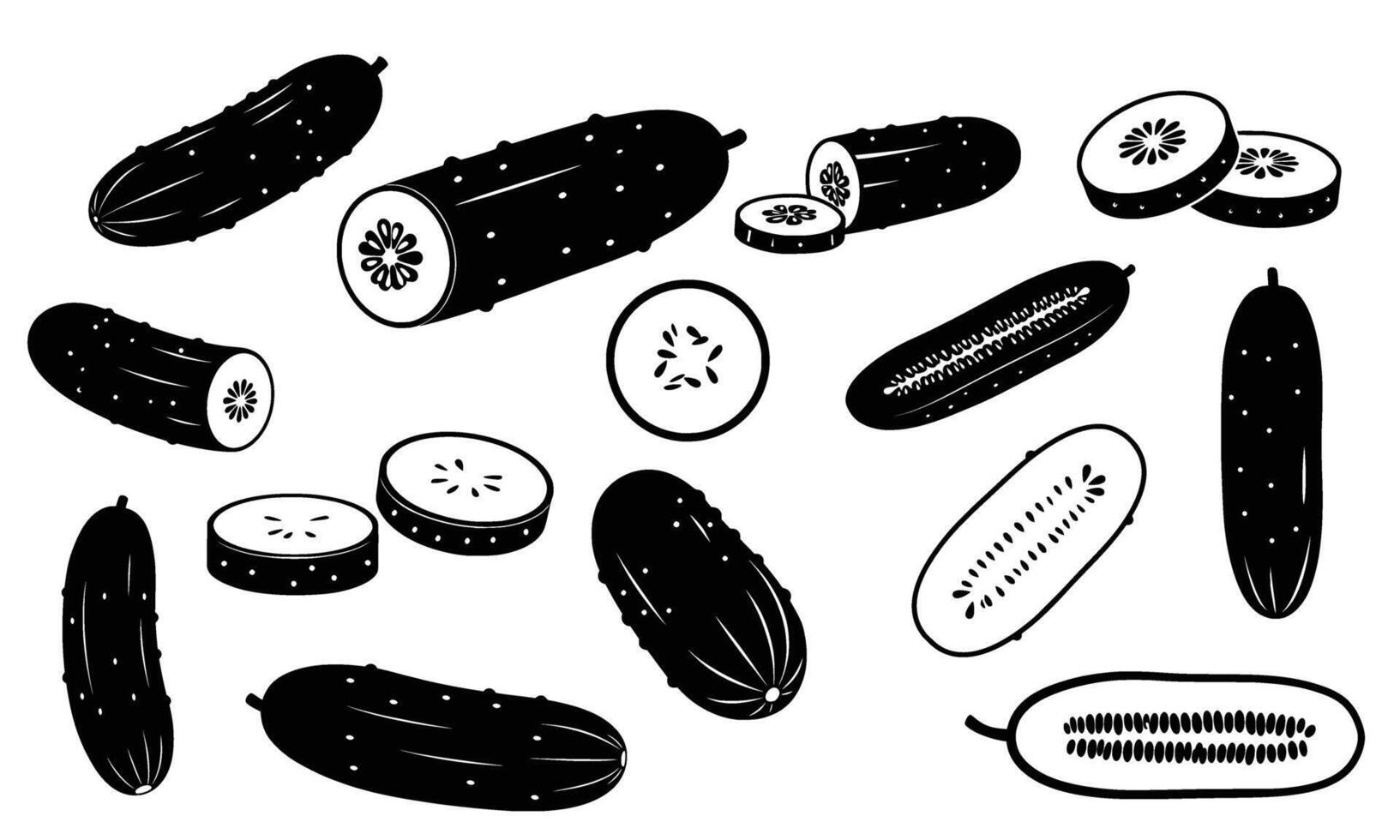 A set of cucumber silhouettes, displaying different angles, slices, and whole forms, ideal for foodrelated projects, healthy eating campaigns, and culinary designs vector