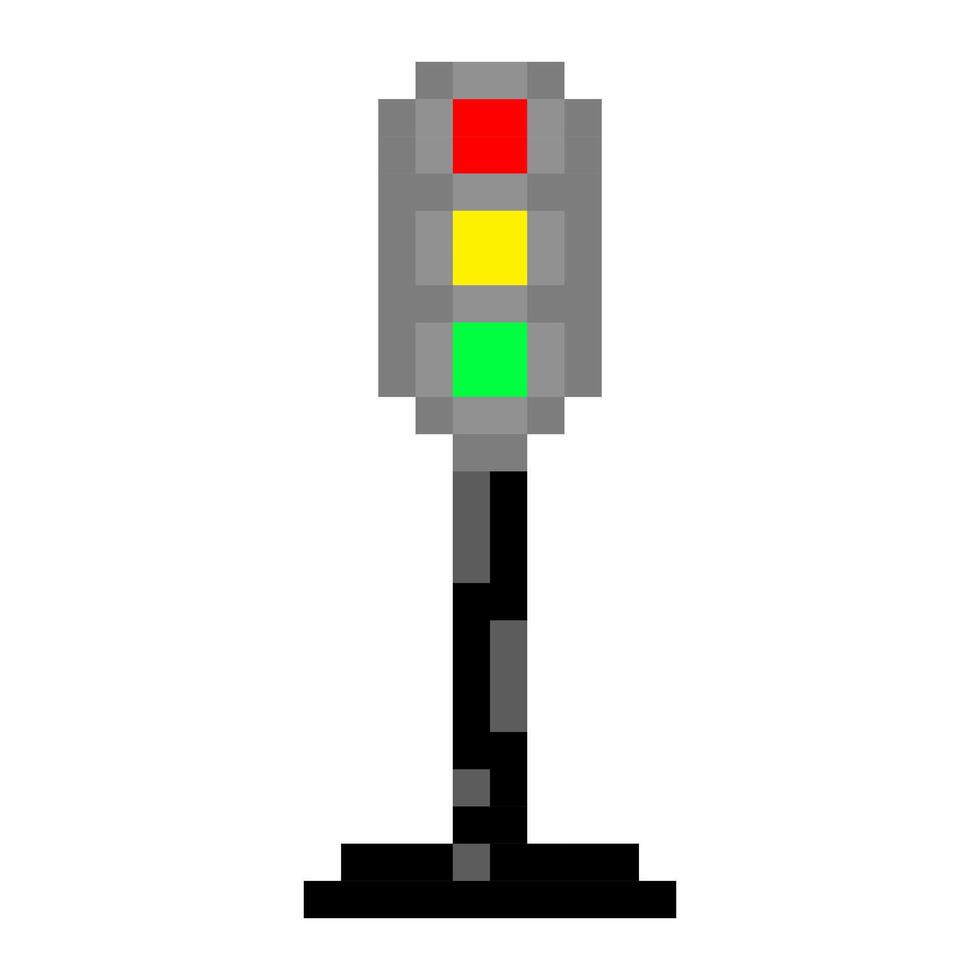 Pixel traffic light with red, yellow, and green signals in vertical layout, ideal for retro games, urban UI, or educational digital assets. vector