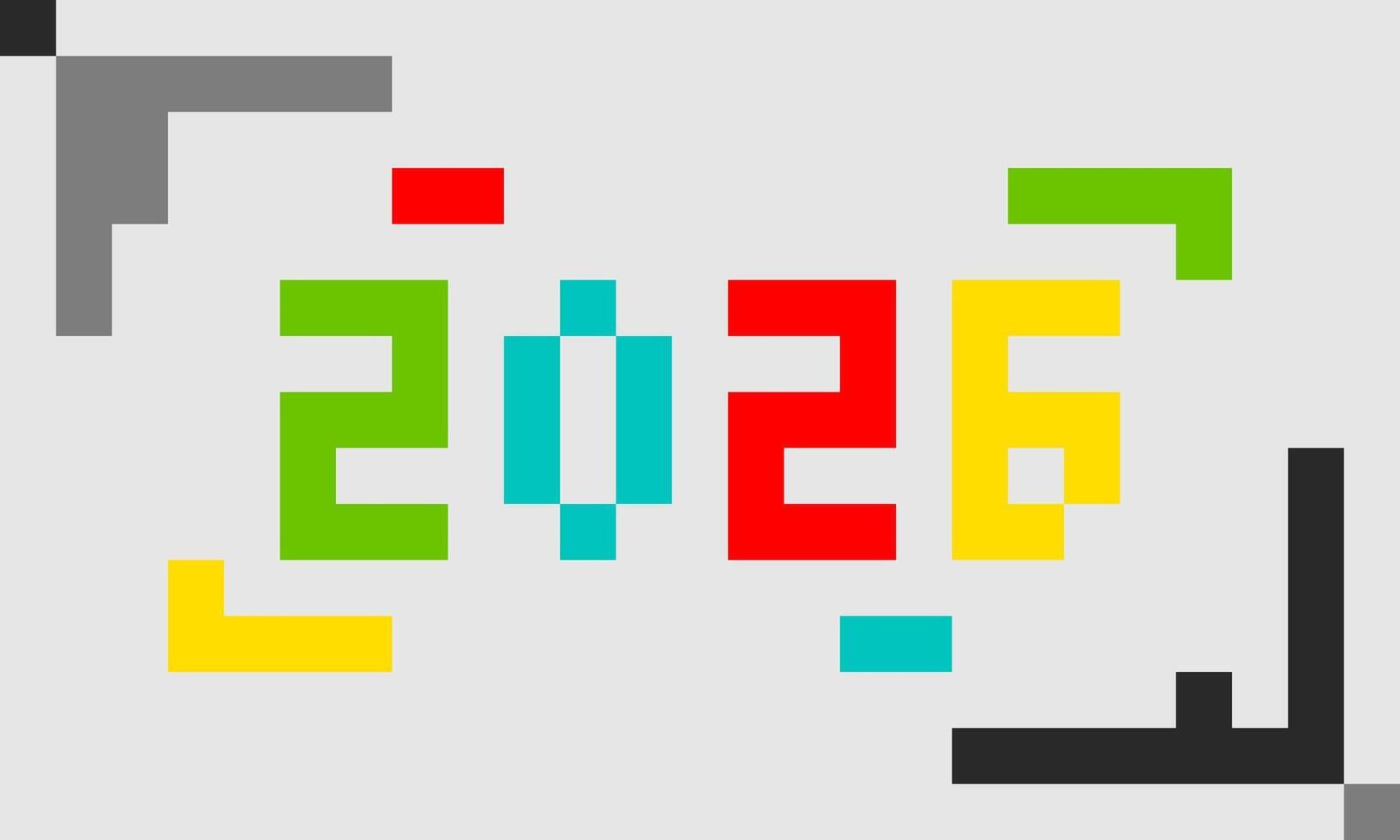 Pixel style 2026 design with bold colors and geometric layout, perfect for New Year themes, gaming content, digital celebration, or retro tech branding. vector