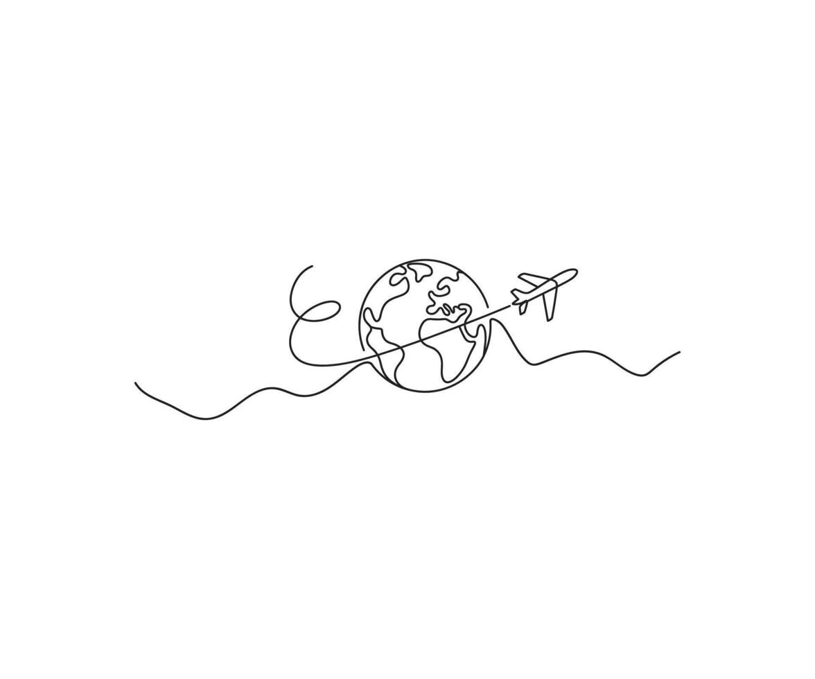 Global Flight Path A minimalist line drawing captures the essence of travel, depicting an airplane tracing a dynamic path around a globe. vector