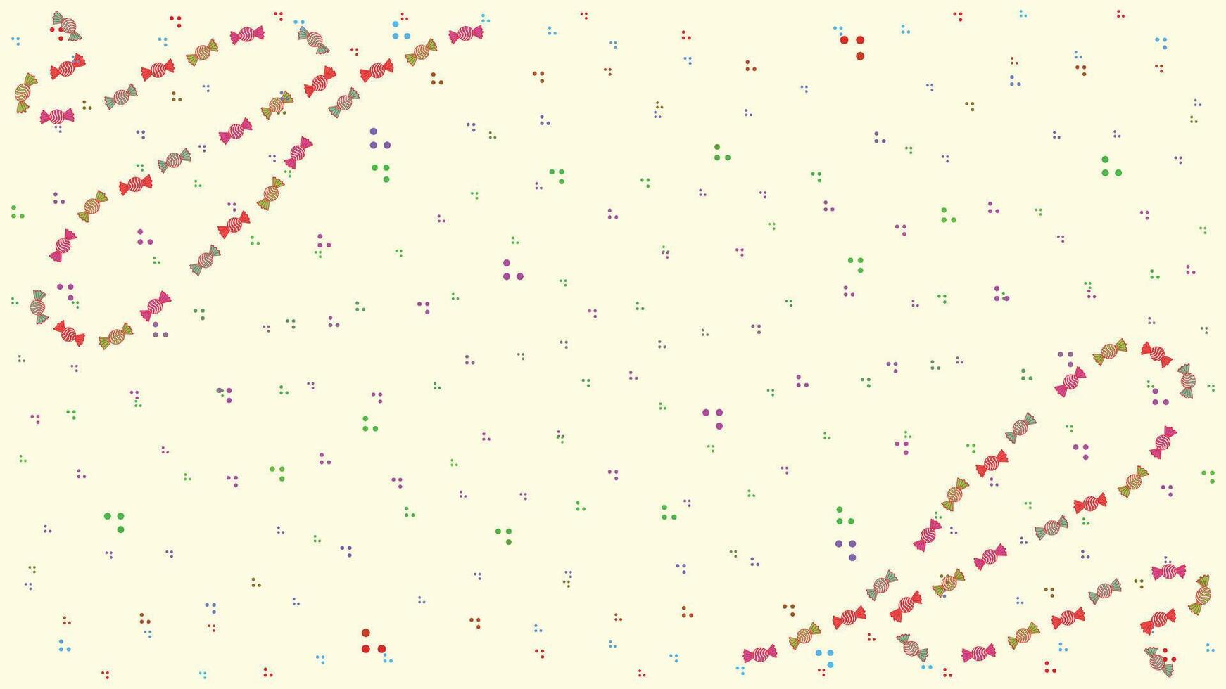 Flat colorful pattern featuring red, pink, green, and blue wrapped candies arranged in smooth swirl shapes on a soft cream pastel background vector