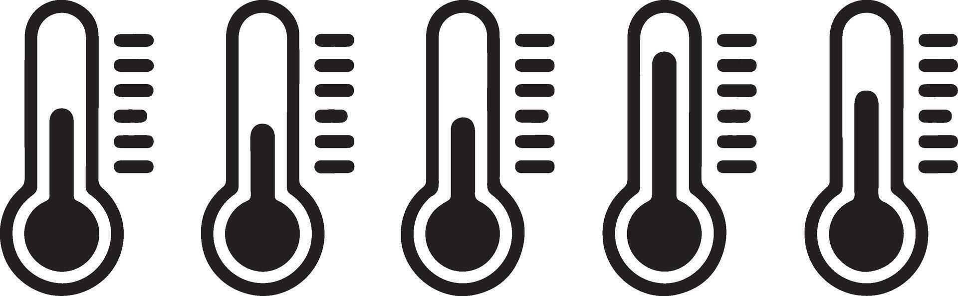 Black and White Thermometer Icons Showing Different Temperatures, Featuring Measurement Scale and Rounded Bulb vector