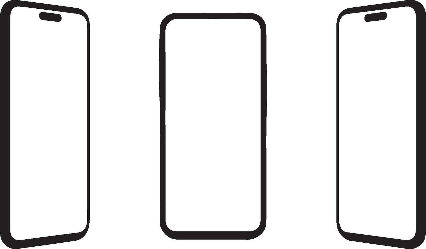 Three Black Outline Smartphone Mockups Front, Left Angled, and Right Angled Views on White Background vector
