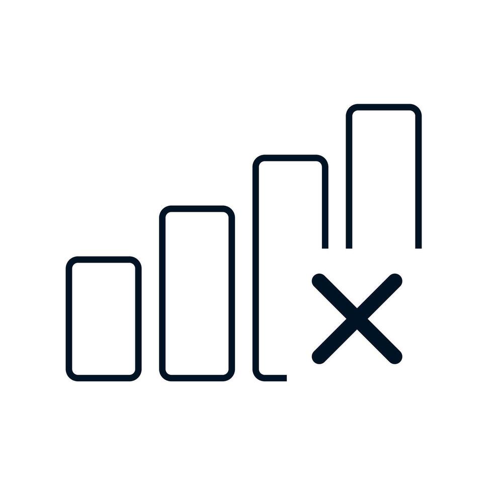 Black and white signal strength icon with error sign indicating no service or poor reception warning vector