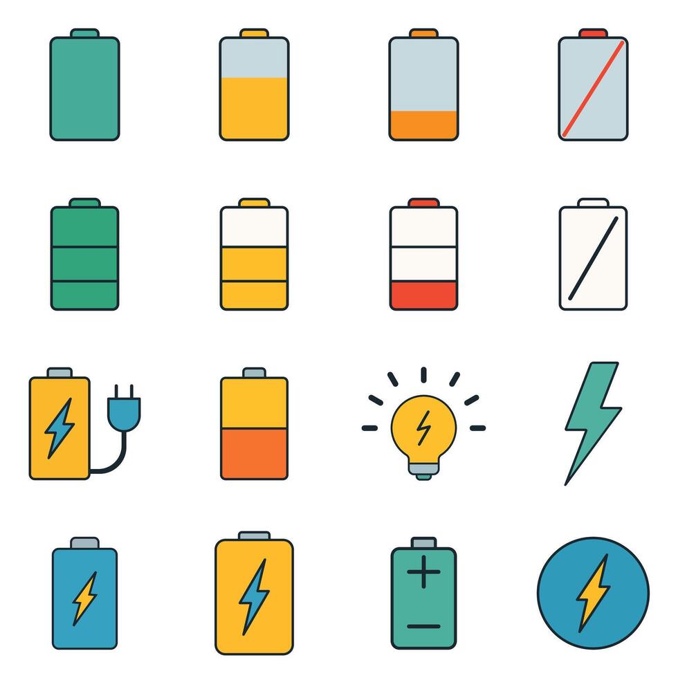Colorful battery level indicators, power symbols, and electricity icons for user interface or infographic use vector