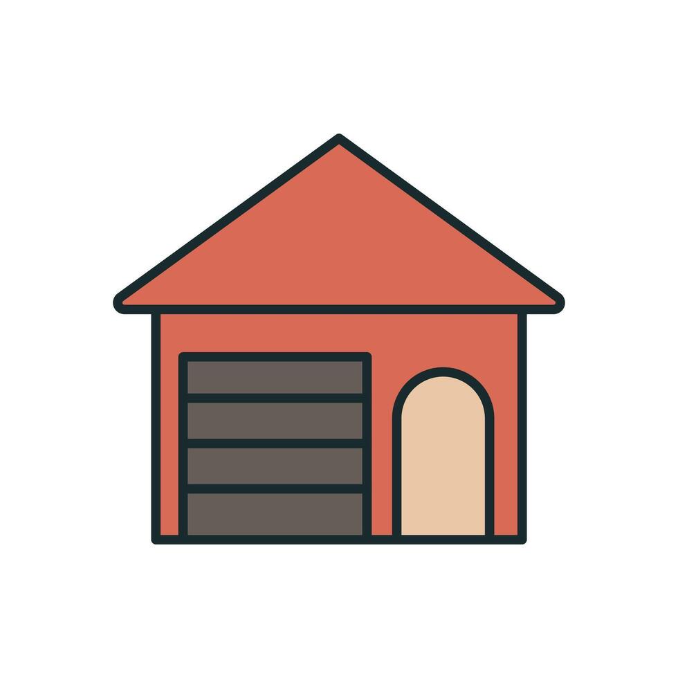 Modern small house symbol with red triangular roof and integrated garage in flat design style vector