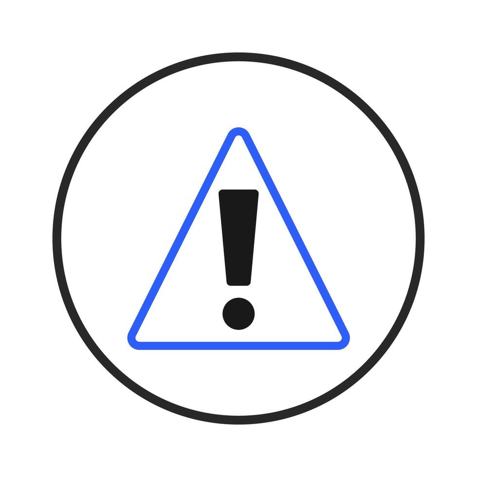 Blue bordered triangle with a black exclamation mark symbol warning sign within circle frame for vector