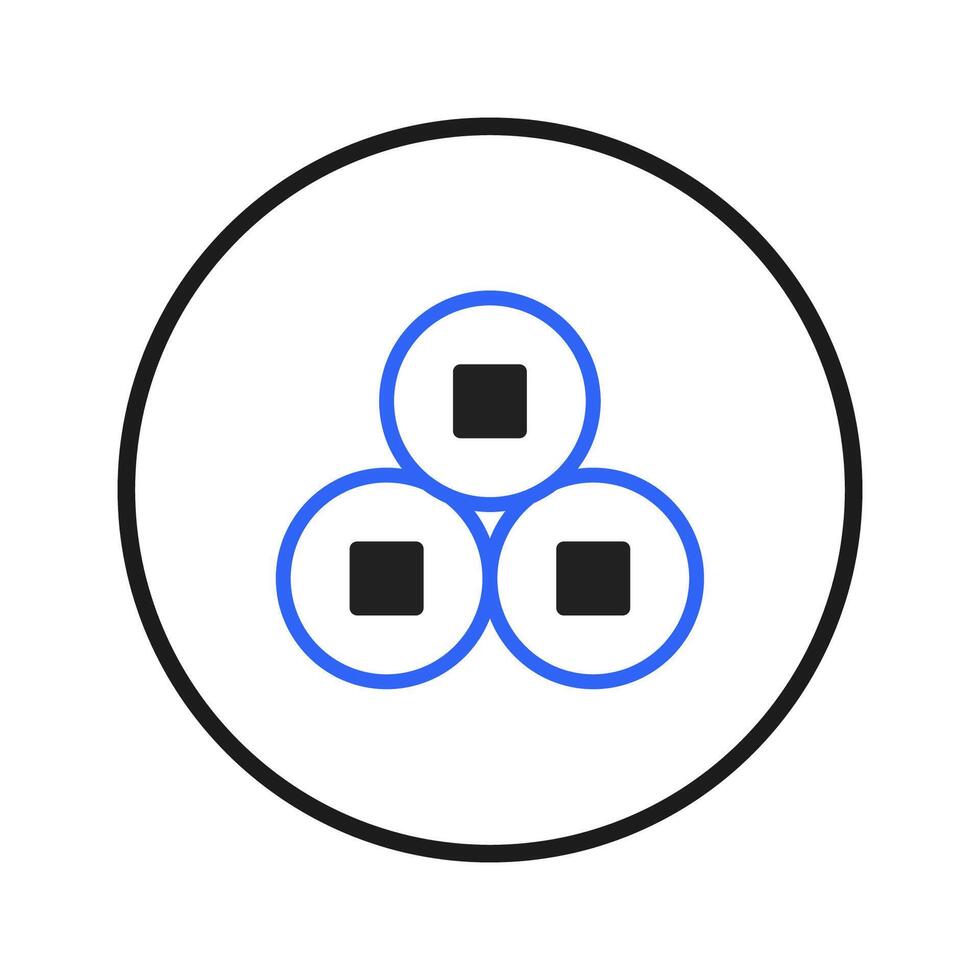 Geometric arrangement showcasing interconnected circular shapes with square inserts within a bold vector