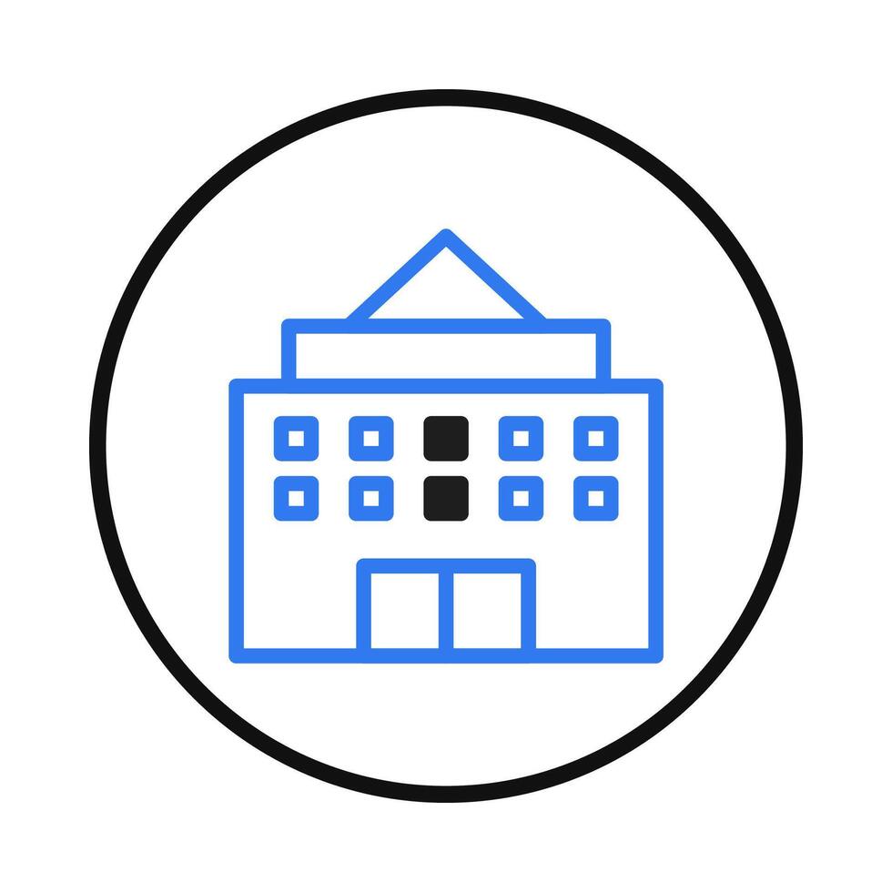 Stylized architectural depiction featuring a building facade enclosed within a circular boundary vector