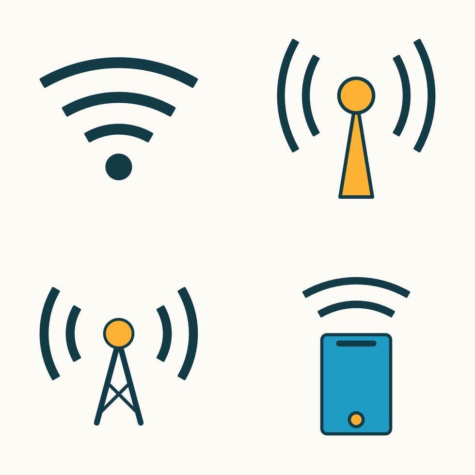 Communication signal transmission icons including wireless router, mobile device, and radio tower vector