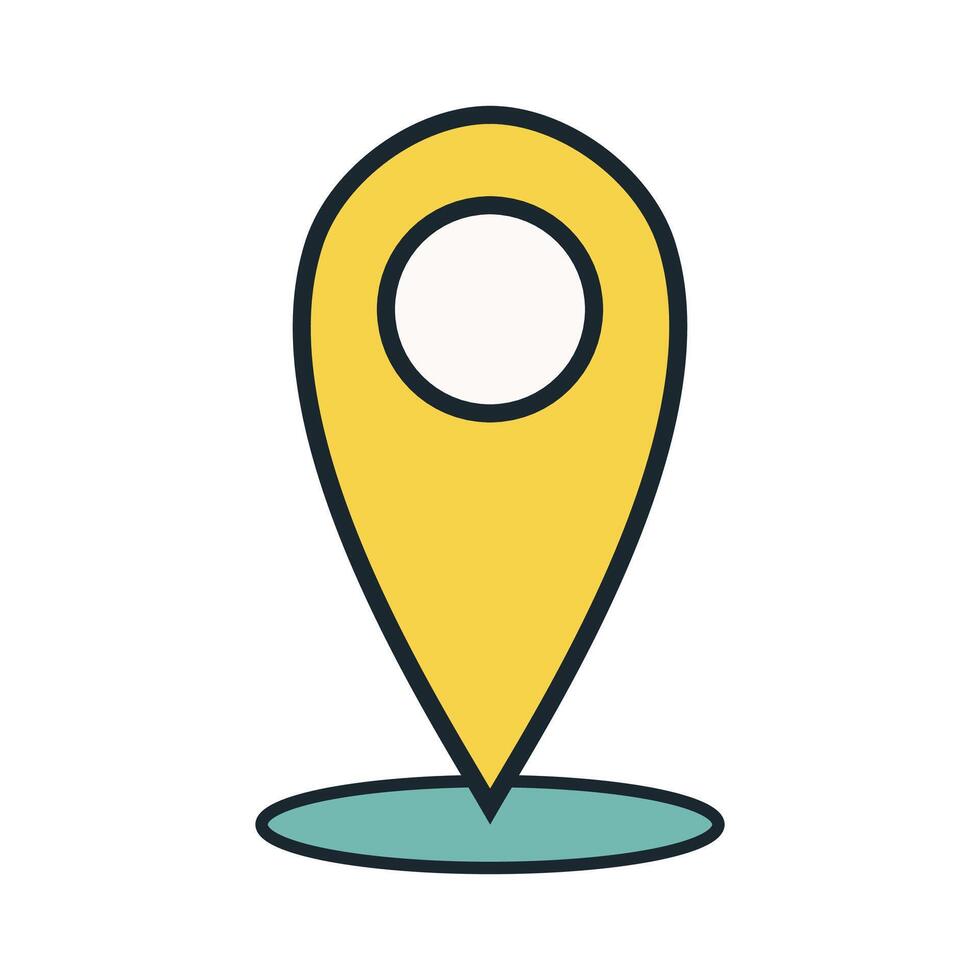 Flat yellow map pin design with outline and drop shadow on white background illustration vector