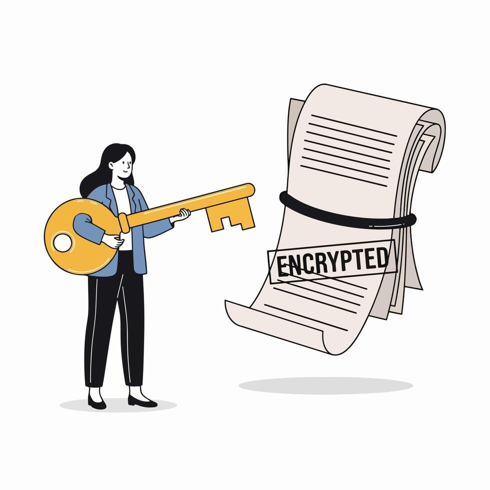 Securing Digital Data Woman and Key Unlock Encrypted Documents vector