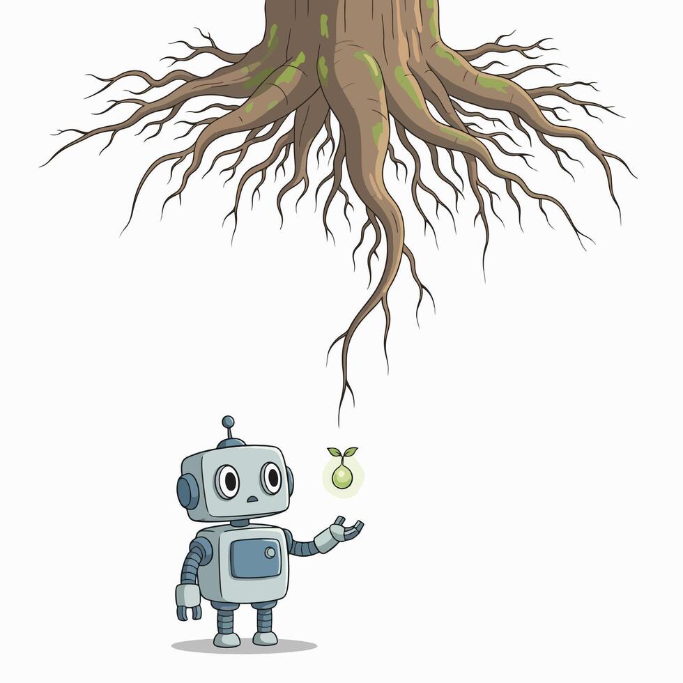 Robot and Tree with Growing Seed vector
