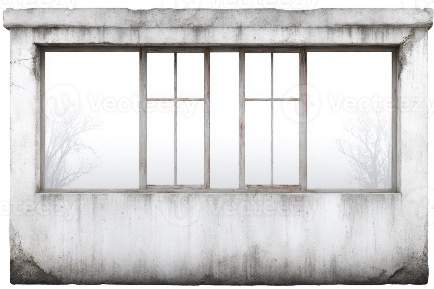 Old concrete wall with large rectangular window frame, weathered texture, and foggy outdoor view with bare trees, creating moody, abandoned atmosphere png