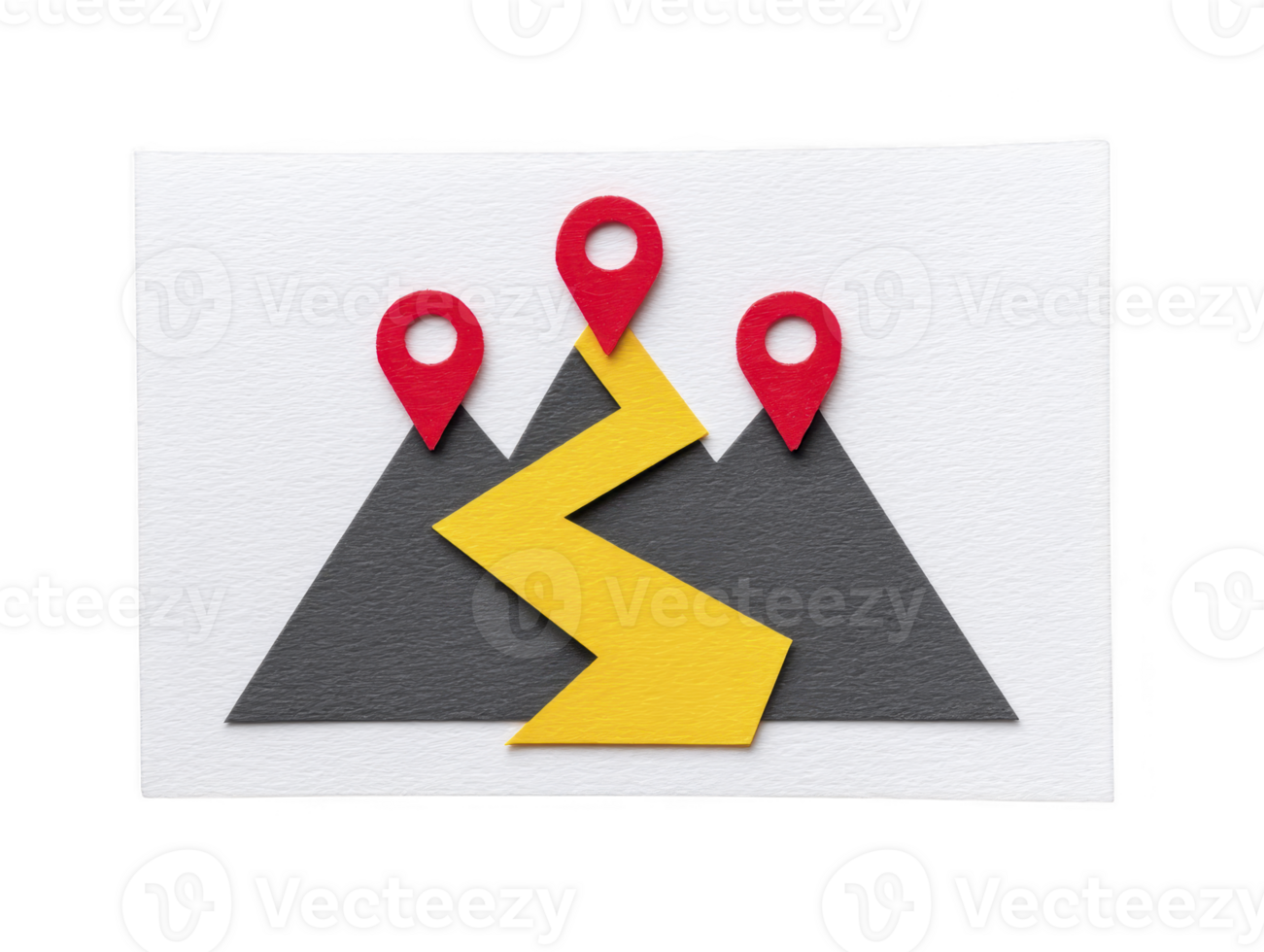 Mountain location map navigation path direction travel journey adventure paper Abstract paper art of mountain with yellow path and red location markers symbolizing navigation travel and adventure png
