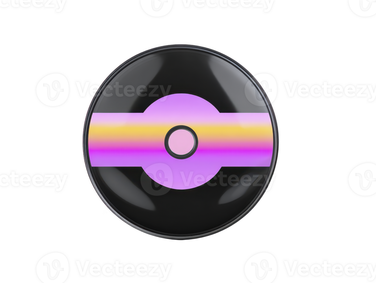 Black, purple, and yellow gradient circular object with glossy finish, featuring central circle and horizontal stripe, modern and minimalistic design, futuristic and vibrant png
